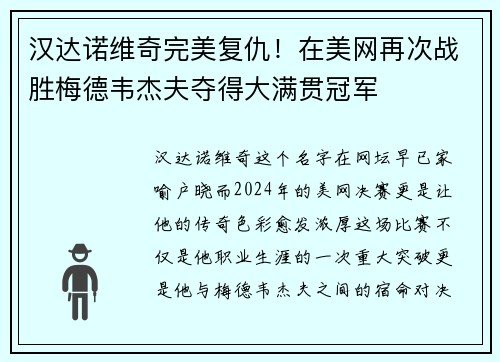 汉达诺维奇完美复仇！在美网再次战胜梅德韦杰夫夺得大满贯冠军
