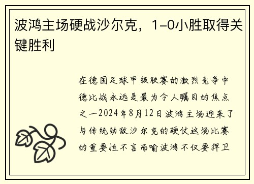 波鸿主场硬战沙尔克，1-0小胜取得关键胜利